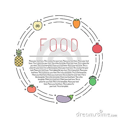 Fruit and vegetable multicolored outline circle frame with place for your text. Minimalistic design. Part three. Vector Illustration