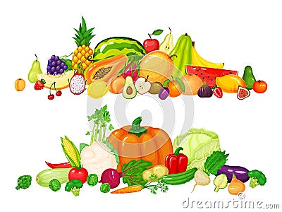 Fruit and vegetable piles. Apple, kiwi, cherry, apple, pepper, tomato, pumpkin, carrot, cabbage. Fresh organic fruits Vector Illustration