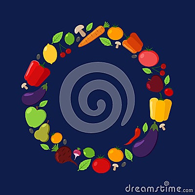 Fruit and vegetable vector circle frame on a dark background. Modern flat illustrations. Healthy food design. Vector Illustration