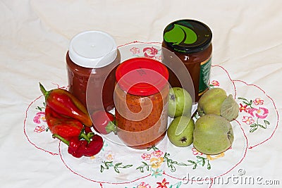 fruit and vegetable winter food, food prepared in autumn, traditional Balkan dishes, ajvar, ljutenica, jam Stock Photo