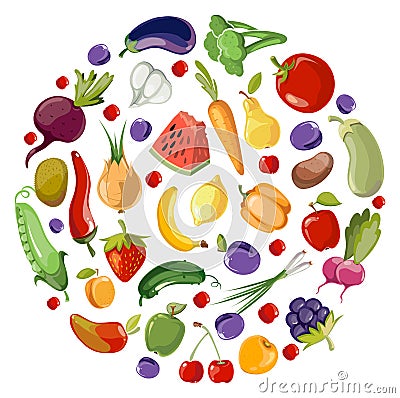 Fruit and vegetables circle. Round cartoon food pattern Stock Photo