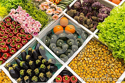 Fruit and vegetables display at the agriculture exhibition in Thailand Stock Photo