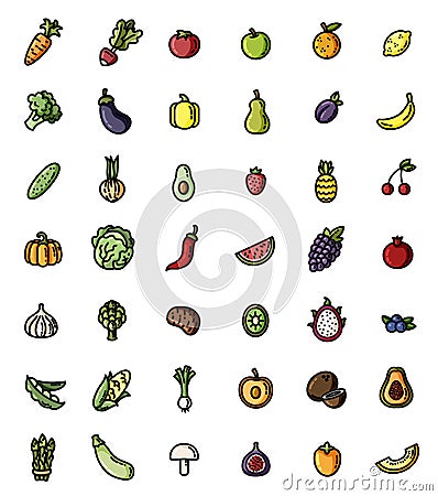 Fruit and vegetables flat design vector colorful icon set. Collection of isolated fruits and veggies symbols Vector Illustration