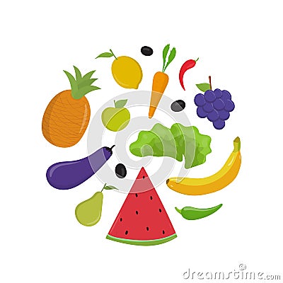 Fruit and vegetables flat vector illustrations set. Raw whole banana and apple, watermelon slice. Ripe eggplant, carrot Vector Illustration