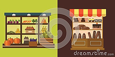 Fruit, vegetables, milk products, meat, bakery shop stall vector set Vector Illustration