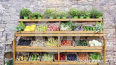 Fruit vegetables shelves background Stock Photo