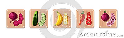 Fruit and Vegetables Sliced and Chopped on Wooden Board Vector Set Vector Illustration