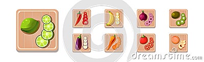 Fruit and Vegetables Sliced and Chopped on Wooden Board Vector Set Vector Illustration