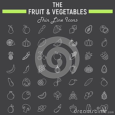 Fruit and Vegetables thin line icon set Vector Illustration