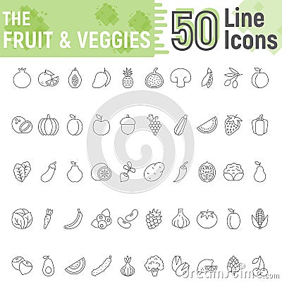 Fruit and Vegetables thin line icon set, vegan Vector Illustration