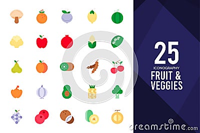 25 Fruit and Veggies Flat icon pack. vector illustration Vector Illustration