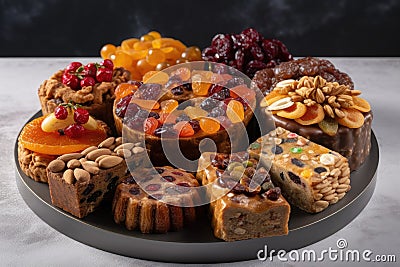 fruitcake platter, with a selection of different types and flavors of cake Stock Photo