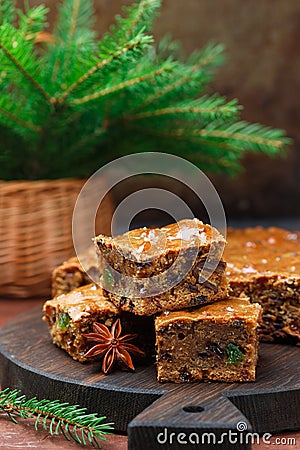 Fruitcake with raisins, dates, candied citrus, honey, cinnamon Stock Photo