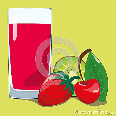 Fruite juce cherry straw and kiwi Vector Illustration
