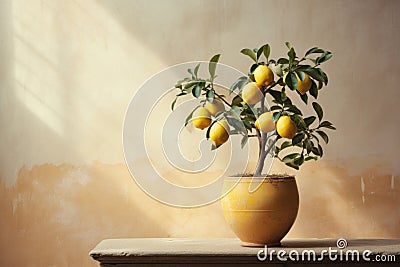 Fruiting lemon tree growing in pot on wooden table against vintage wall with sunlight Stock Photo