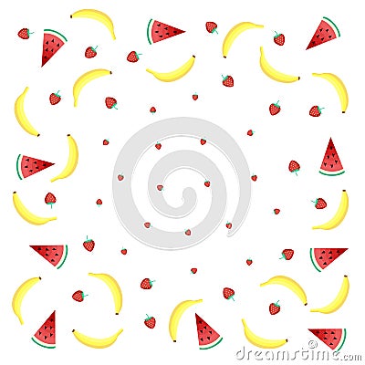 Fruits background with yellow bananas, watermelon and juicy strawberries Vector Illustration