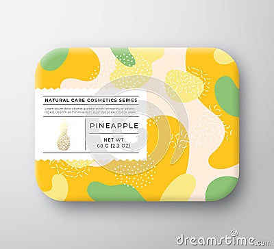 Fruits Bath Cosmetics Box. Vector Wrapped Paper Container with Care Label Cover. Packaging Design. Modern Typography and Vector Illustration