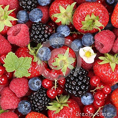 Fruits berries background with strawberries, blueberries and red Stock Photo