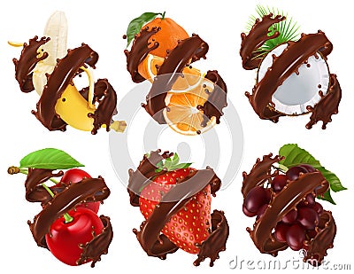 Fruits and berries in chocolate splash. Banana, orange, coconut, cherry, strawberry, grapes 3d vector Vector Illustration