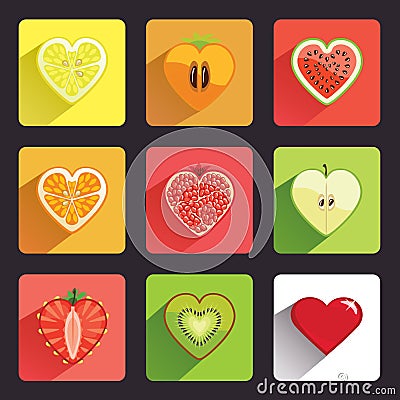 Fruits and berries flat icons set Vector Illustration