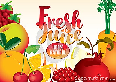 Fruits and berries and fresh juices Vector Illustration