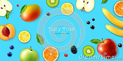 Fruits And Berries Horizontal Poster Vector Illustration