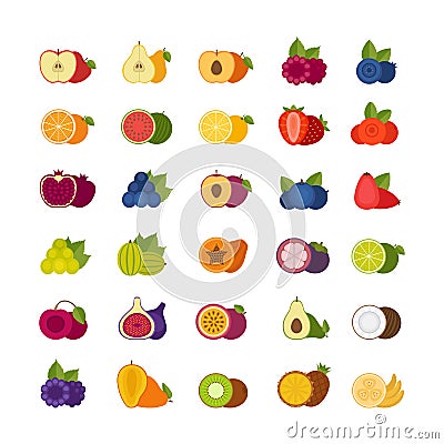 Fruits and berries icons set. Flat style, vector illustration. Vector Illustration