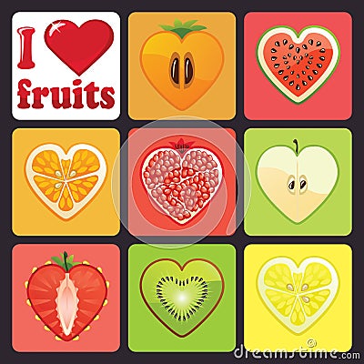 Fruits and berries icons set.I love fruits Vector Illustration