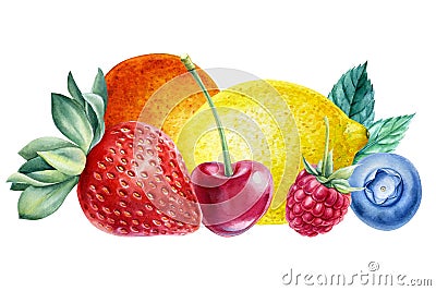 Fruits and berries, orange, sweet cherry, blueberry and Strawberry, watercolor illustration Cartoon Illustration