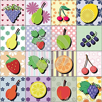 Fruits and berries on patchwork background Cartoon Illustration