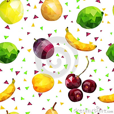 Fruit seamless pattern: apples, lime, orange, pear, banana and plum berries and apricot and cherry in low poly style, on white Stock Photo