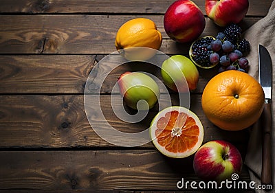 Fruits and berries on a rustic wooden table. Website banner with copy space. Organic food background. Stock Photo