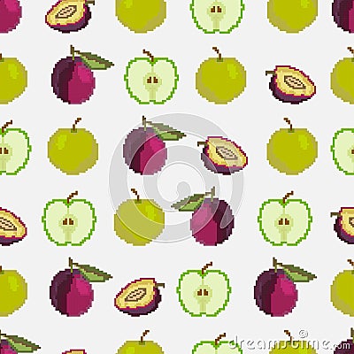 Fruits and berries.Seamless pattern of apples and plums. Pixel. Embroidery. Vector Stock Photo