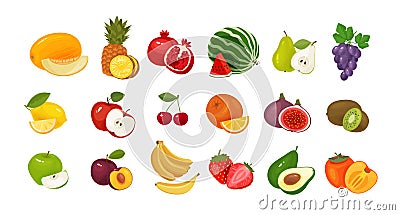 Fruits and berries, set of colored icons. Food concept. Vector illustration Vector Illustration