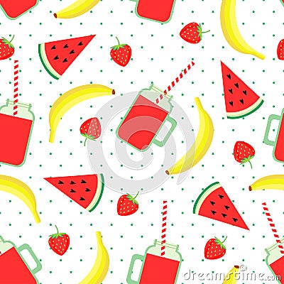 Fruits, berries and smoothie jars seamless pattern on polka dots background. Vector Illustration