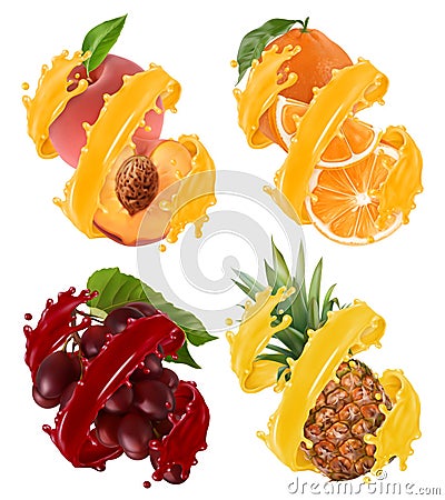 Fruits and berries in splash of juice. Orange, pineapple, grapes, peach. 3d vector Vector Illustration