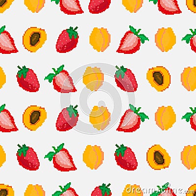 Fruits and berries.Strawberries and apricots seamless pattern. Pixel. Embroidery. Square. Vector Vector Illustration
