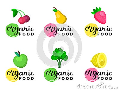 Fruits and berries vector illustration in flat style for eco food logos, organic products signs. Healthy meal icons set. Vector Illustration