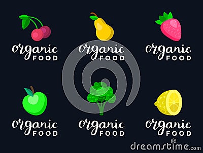 Fruits and berries vector illustration in flat style for eco food logos, organic products signs. Healthy meal icons set. Vector Illustration