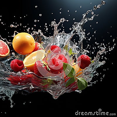 Fruits on black background with water splash Stock Photo