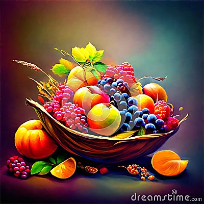 Fruits in a bowl on a dark background. Ripe apricots, grapes, black currantscots, peaches, grapes. Generative AI Stock Photo