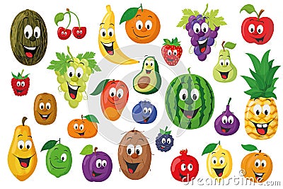 Fruits Characters Collection: Set of 26 different fruits in cartoon style Vector Illustration