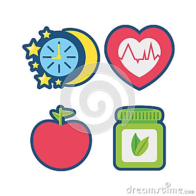 Fruits, chronometer, healthy pills and heartbeat icons Vector Illustration