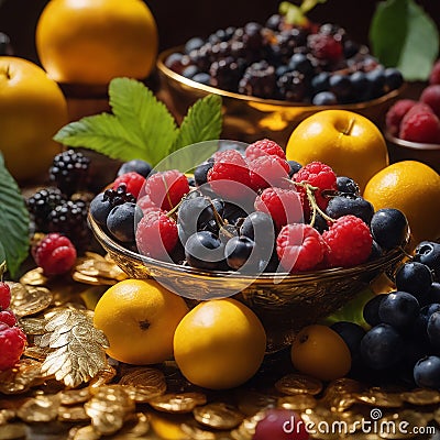 fruits of different colors with green leaves on golden plates Stock Photo
