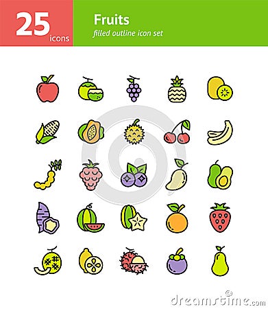 Fruits filled outline icon set. Vector Illustration