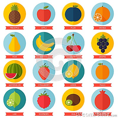 Fruits flat icon set. Colorful template for Vector Illustration