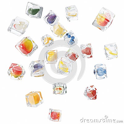 Fruits frozen in ice cube, ice cube in front view, single ice cube isolated on white background. 3d rendering Stock Photo
