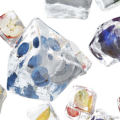 Fruits frozen in ice cube, ice cube in front view, single ice cube isolated on white background. 3d rendering Stock Photo