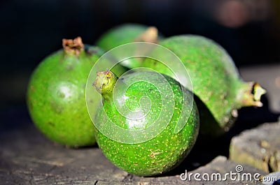 Fruits of the green American genipa on the table Stock Photo