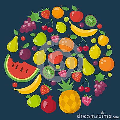 Fruits icons set in flat style Vector Illustration